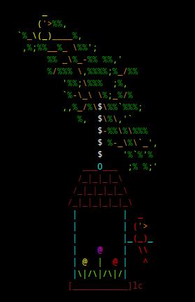 Colored text art of a birdhouse hanging from a tree branch.