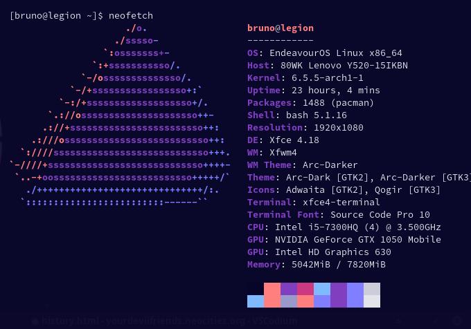 Linux terminal showing the result of neofetch on a system running EndeavourOS.
